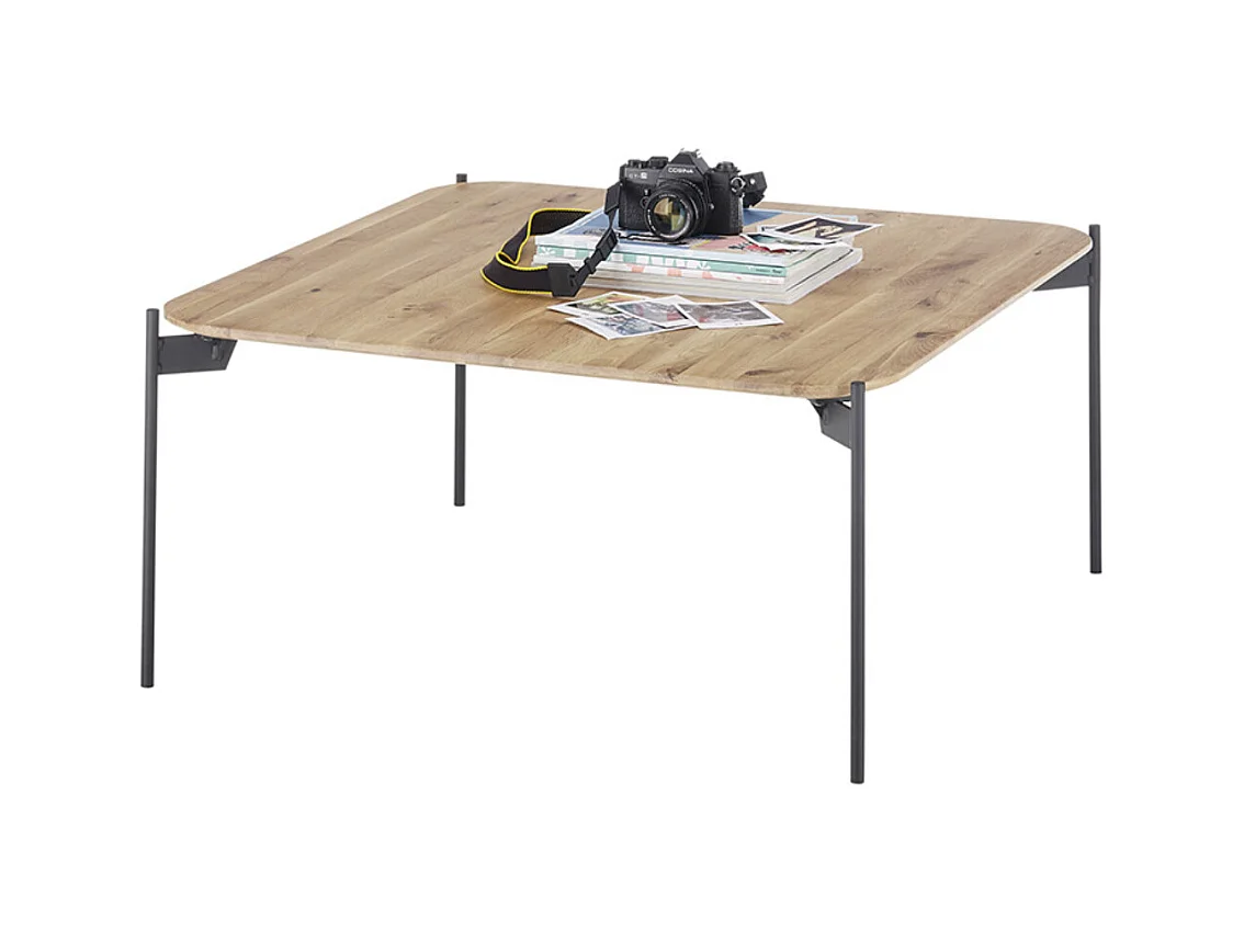 Table basse en bois de chêne massif huilé, pieds en métal noir - Longueur 60 x Hauteur 38 x Profondeur 60 cm