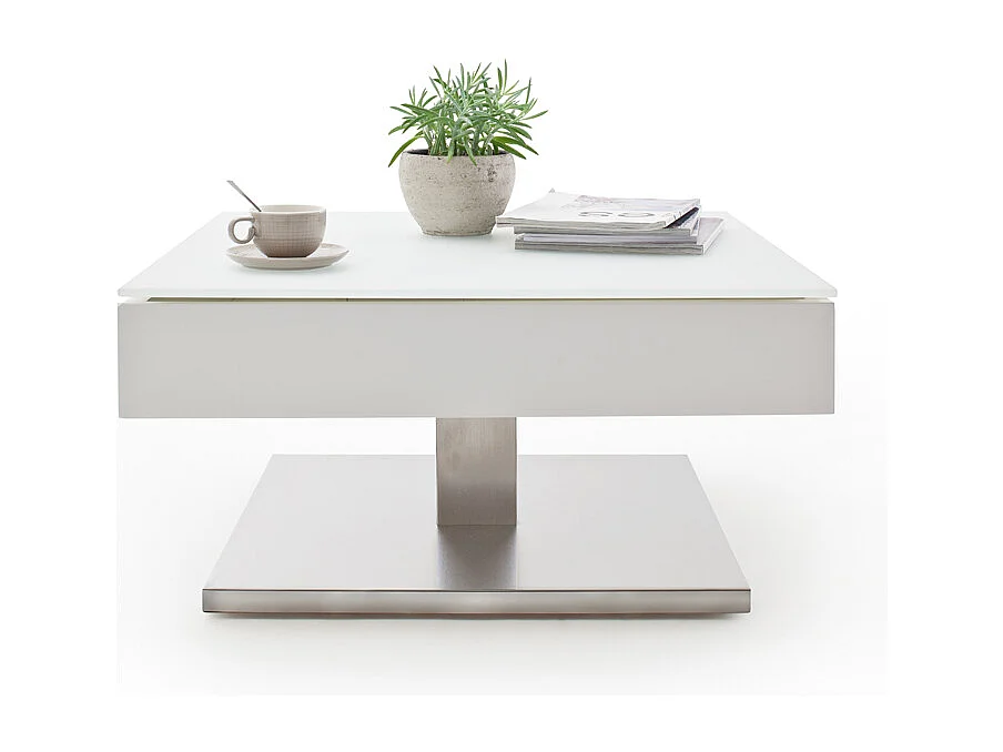 Table basse pivotant avec plateau en verre blanc mat - L75 x H38 x P75 cm