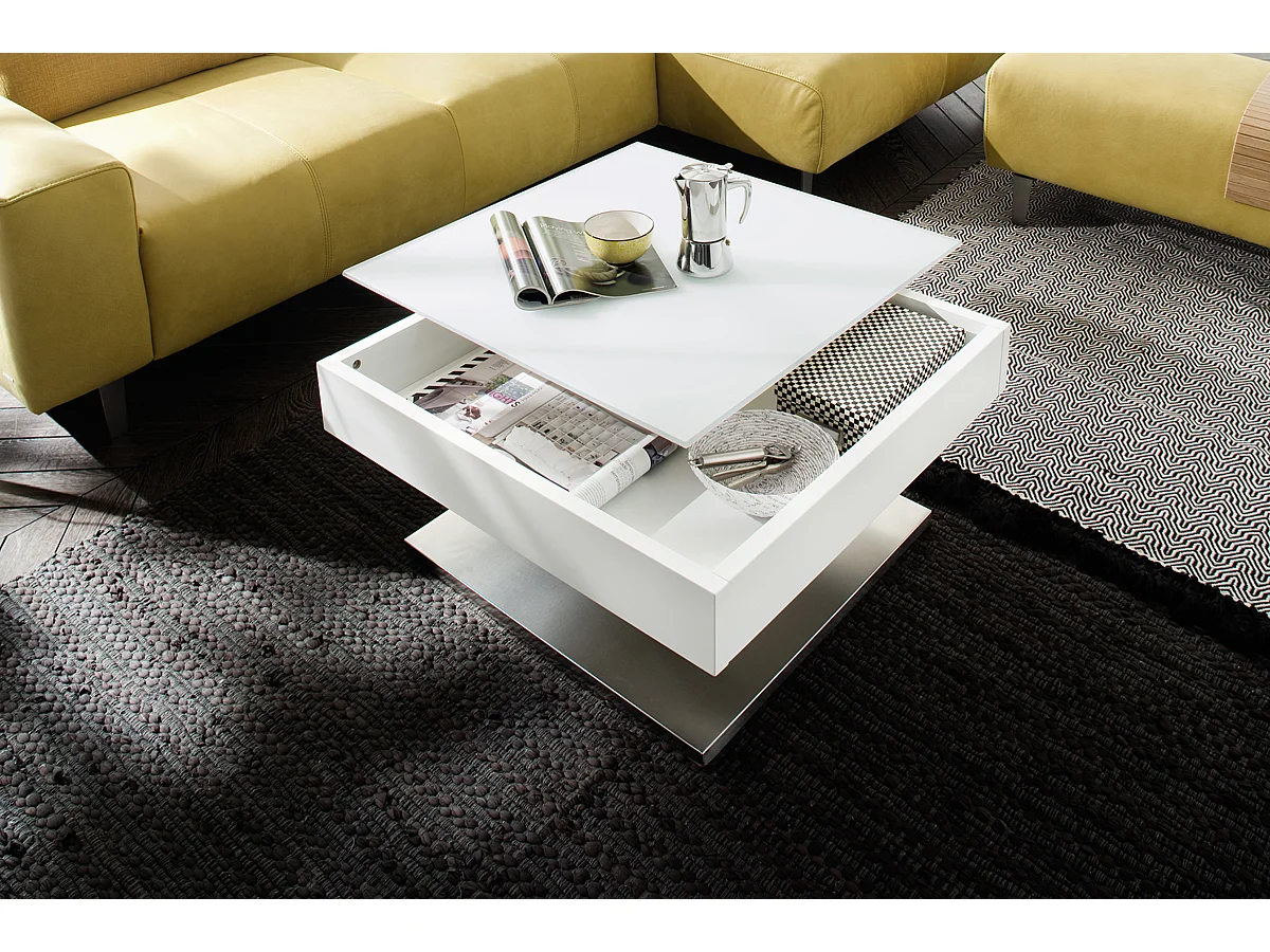Table basse pivotant avec plateau en verre blanc mat - L75 x H38 x P75 cm