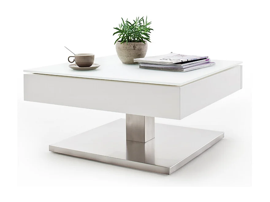 Table basse pivotant avec plateau en verre blanc mat - L75 x H38 x P75 cm