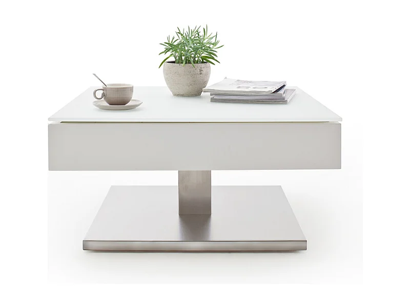 Table basse pivotant avec plateau en verre blanc mat - L75 x H38 x P75 cm