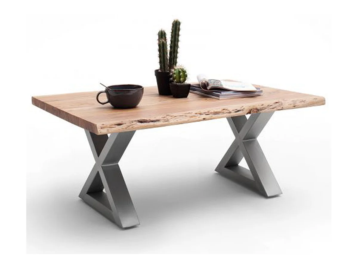 Table basse en bois d'acacia massif naturel et acier inoxydable X - L.110 x H.45 x P.70 cm