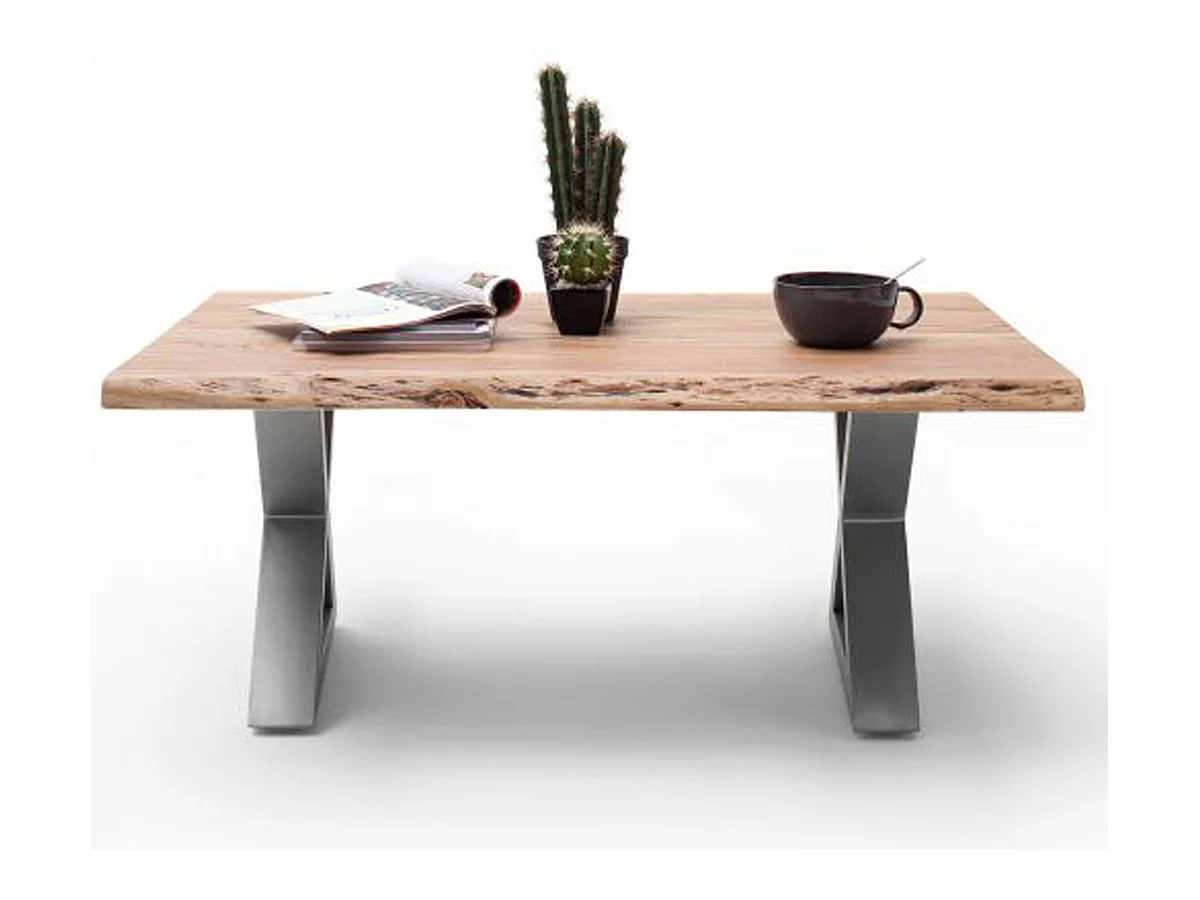 Table basse en bois d'acacia massif naturel et acier inoxydable X - L.110 x H.45 x P.70 cm