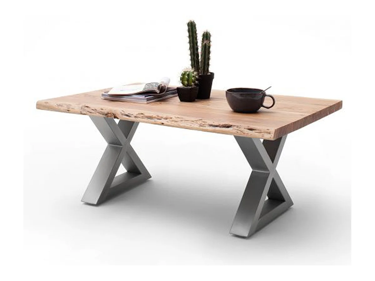 Table basse en bois d'acacia massif naturel et acier inoxydable X - L.110 x H.45 x P.70 cm