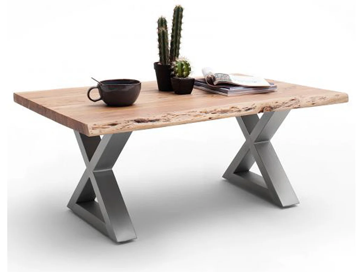 Table basse en bois d'acacia massif naturel et acier inoxydable X - L.110 x H.45 x P.70 cm