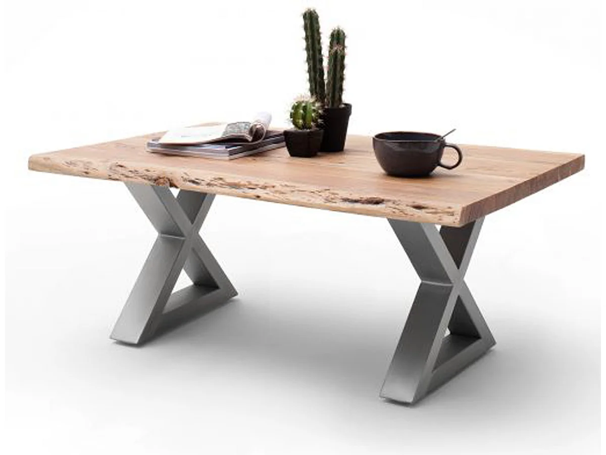 Table basse en bois d'acacia massif naturel et acier inoxydable X - L.110 x H.45 x P.70 cm