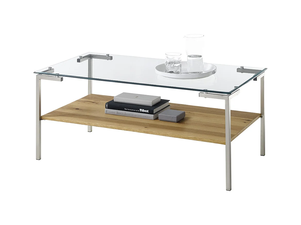 Table basse coloris chêne en verre / bois - Longueur 110 x hauteur 46 x profondeur 60 cm