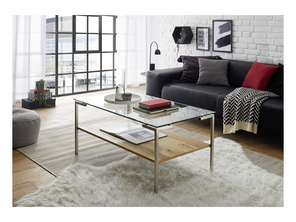 Table basse coloris chêne en verre / bois - Longueur 110 x hauteur 46 x profondeur 60 cm