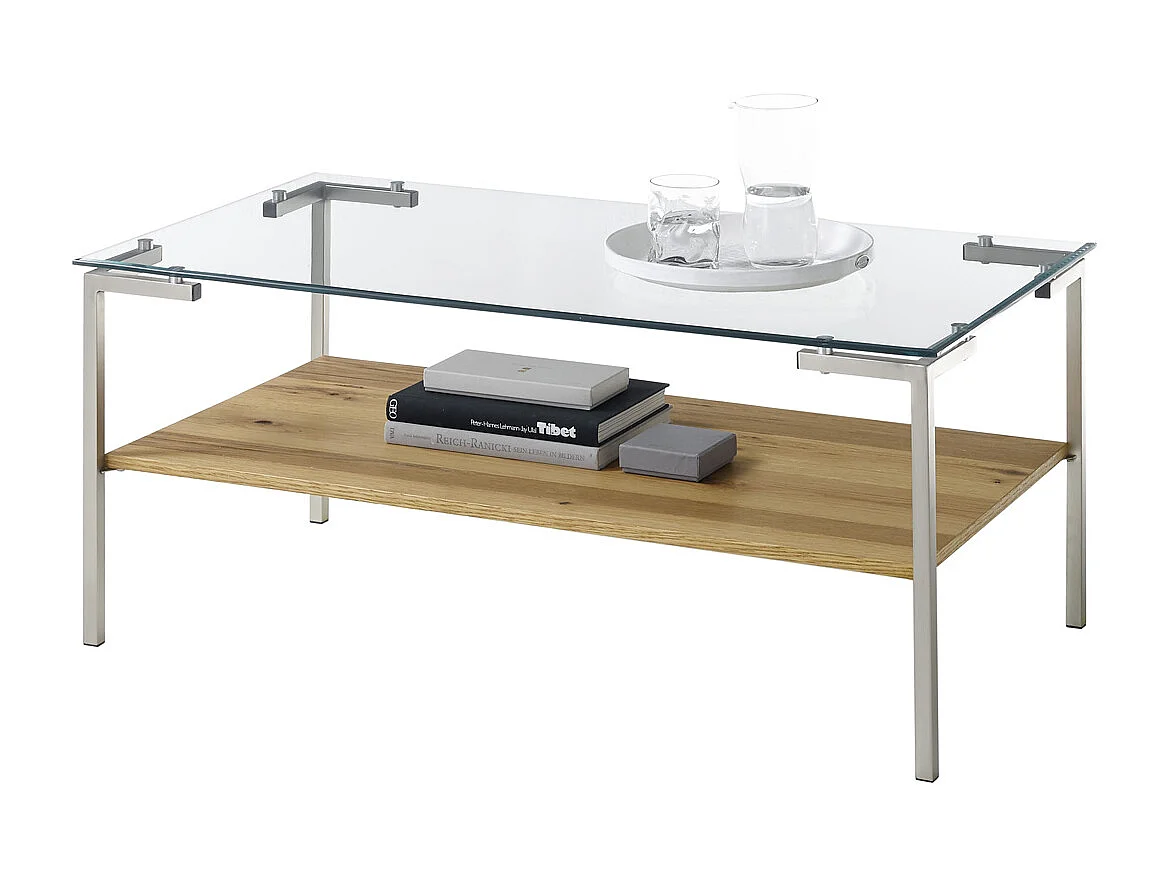 Table basse coloris chêne en verre / bois - Longueur 110 x hauteur 46 x profondeur 60 cm