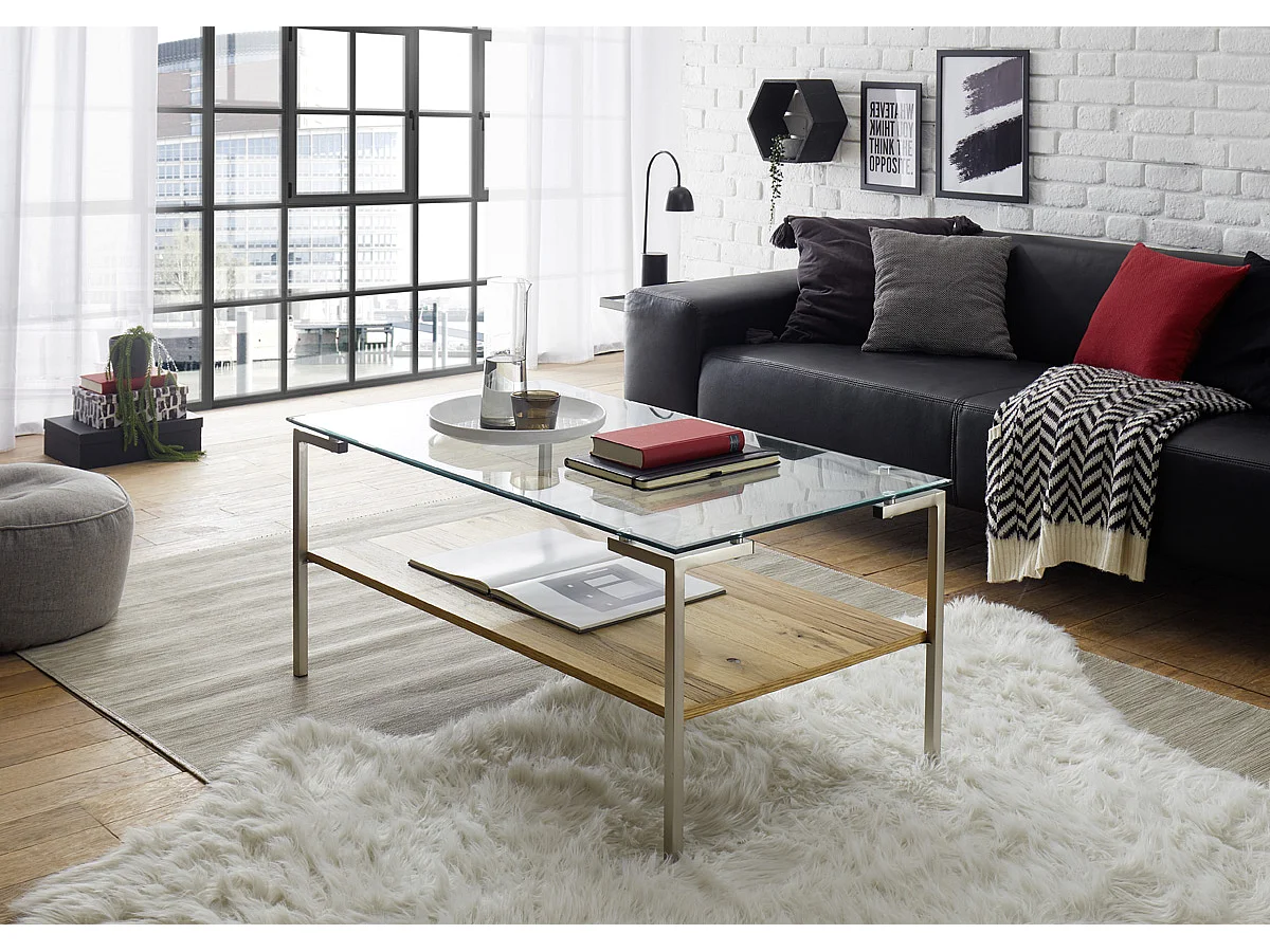 Table basse coloris chêne en verre / bois - Longueur 110 x hauteur 46 x profondeur 60 cm