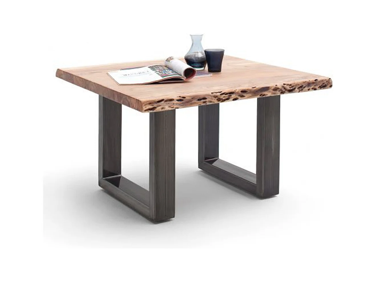 Table basse en bois d'acacia massif naturel et acier antique - L.75 x H.45 x P.75 cm