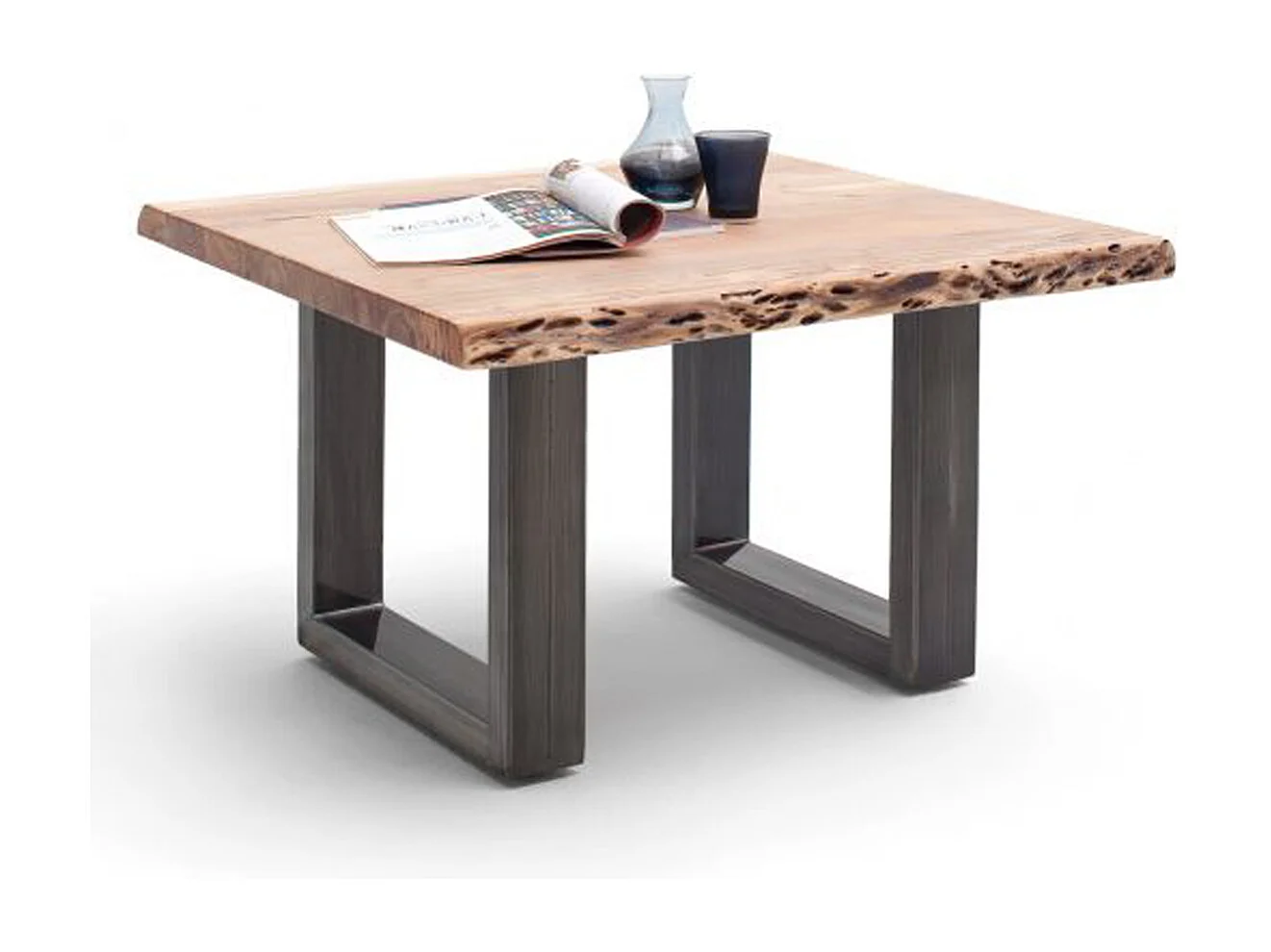 Table basse en bois d'acacia massif naturel et acier antique - L.75 x H.45 x P.75 cm