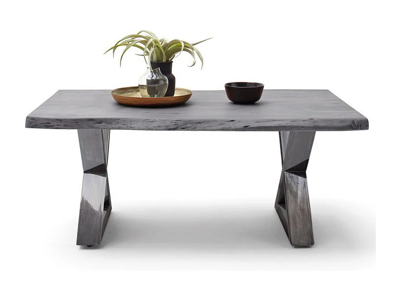 Table basse simple en bois d'acacia massif, laqué gris/antique - L.110 x H.45 x P.70 cm