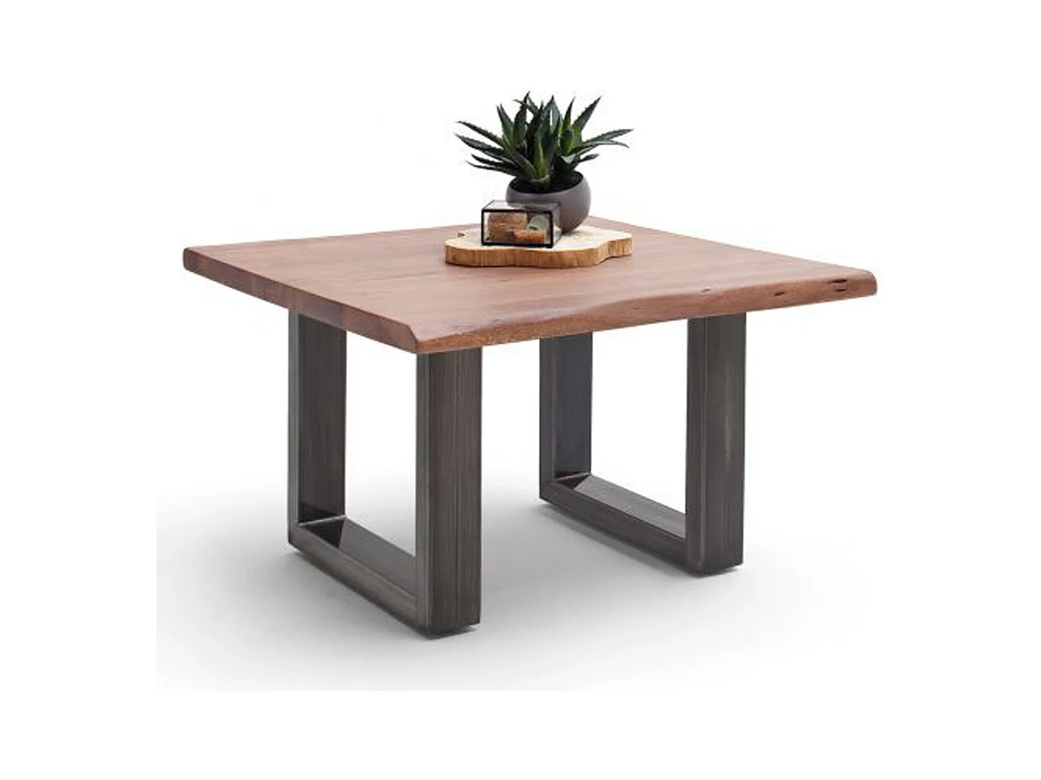 Table basse en bois d'acacia massif noyer et acier antique - L.75 x H.45 x P.75 cm