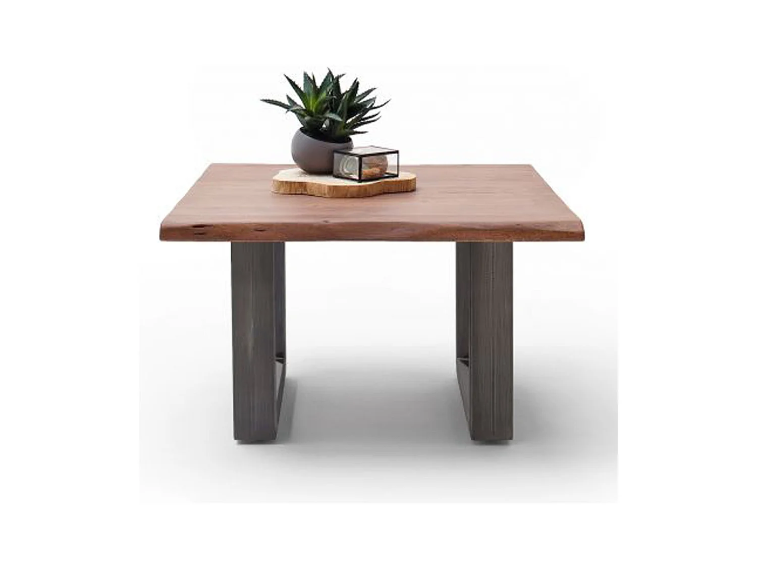 Table basse en bois d'acacia massif noyer et acier antique - L.75 x H.45 x P.75 cm