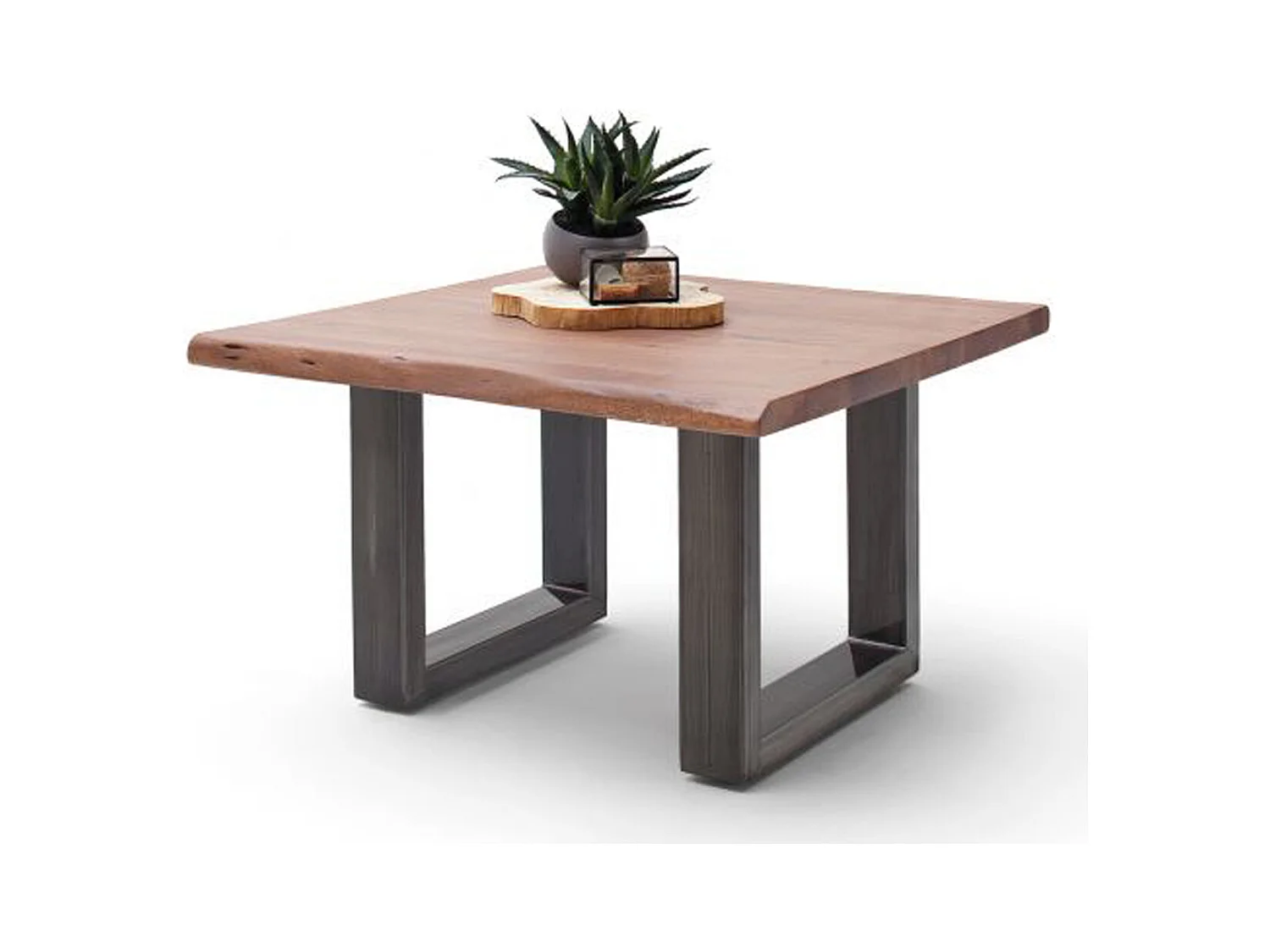 Table basse en bois d'acacia massif noyer et acier antique - L.75 x H.45 x P.75 cm