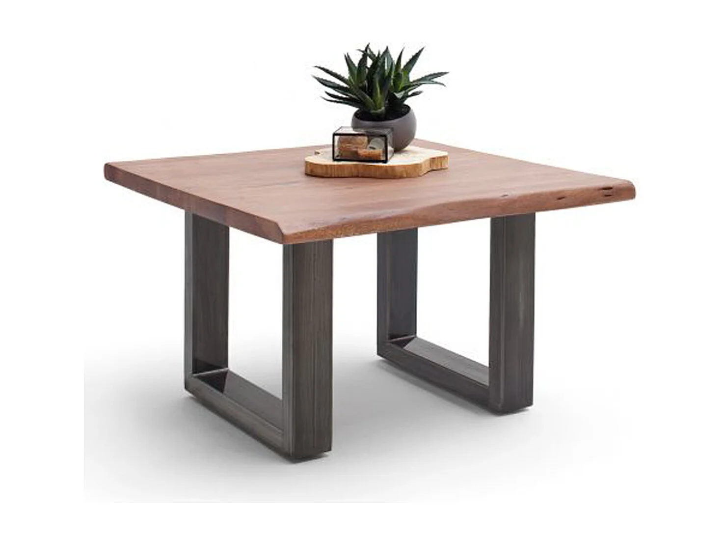 Table basse en bois d'acacia massif noyer et acier antique - L.75 x H.45 x P.75 cm