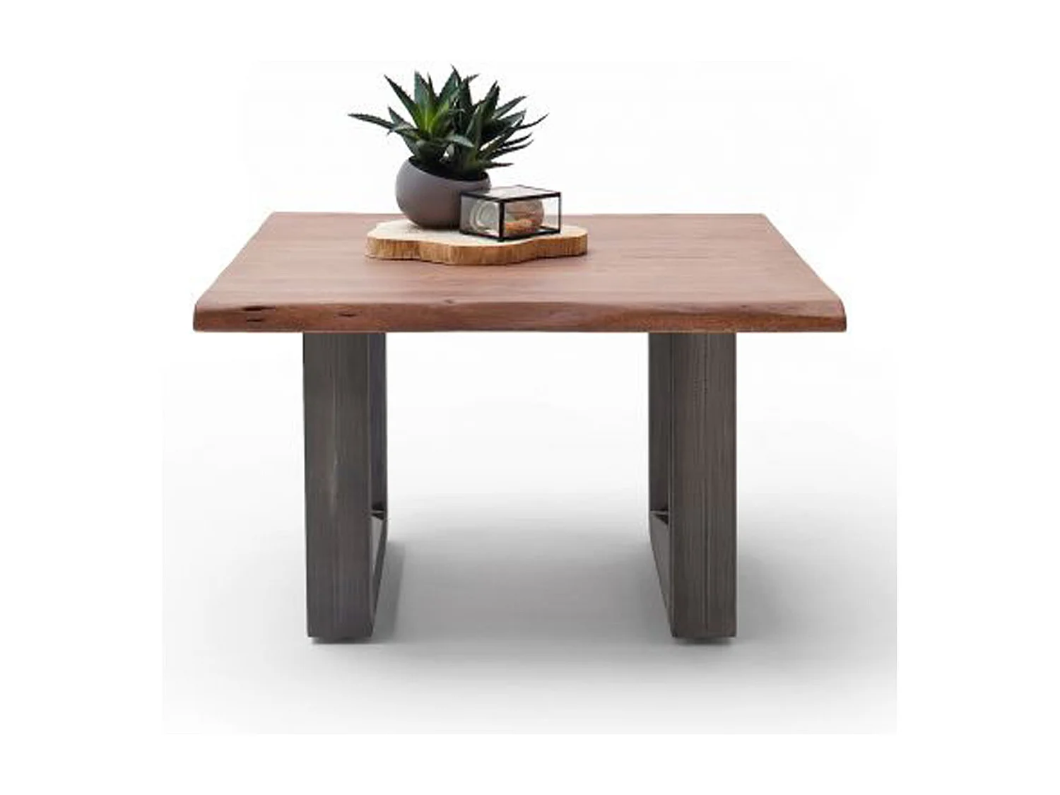 Table basse en bois d'acacia massif noyer et acier antique - L.75 x H.45 x P.75 cm