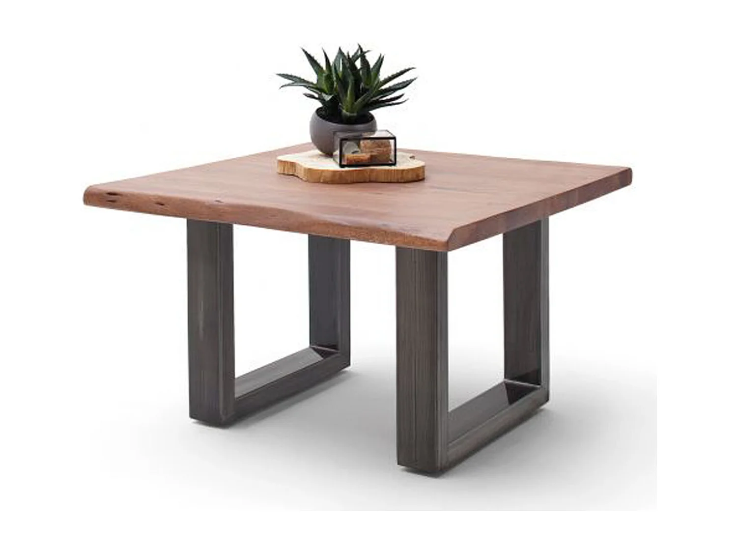 Table basse en bois d'acacia massif noyer et acier antique - L.75 x H.45 x P.75 cm