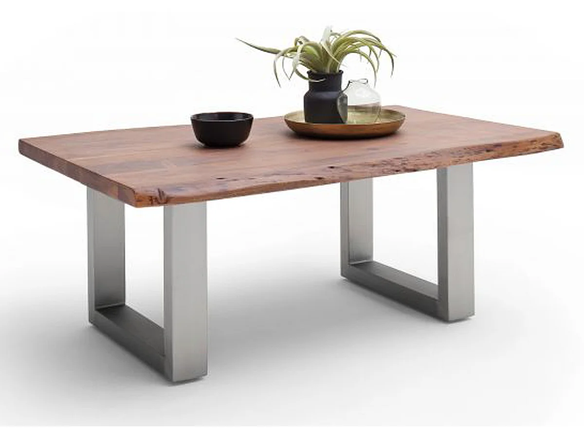 Table basse en bois d'acacia massif noyer et acier inoxydable - L.110 x H.45 x P.70 cm