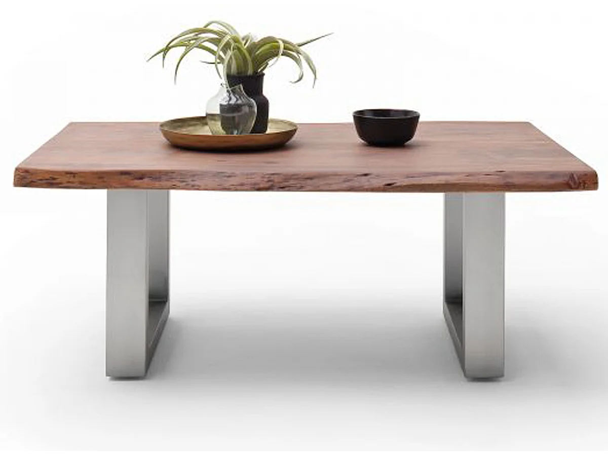 Table basse en bois d'acacia massif noyer et acier inoxydable - L.110 x H.45 x P.70 cm