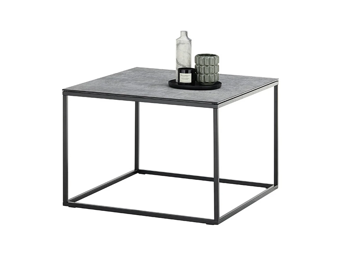 Table basse carrée aspect céramique coloris gris, pieds en métal noir - Longueur 60 x Hauteur 45 x Profondeur 60 cm
