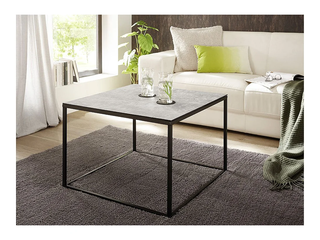 Table basse carrée aspect céramique coloris gris, pieds en métal noir - Longueur 60 x Hauteur 45 x Profondeur 60 cm