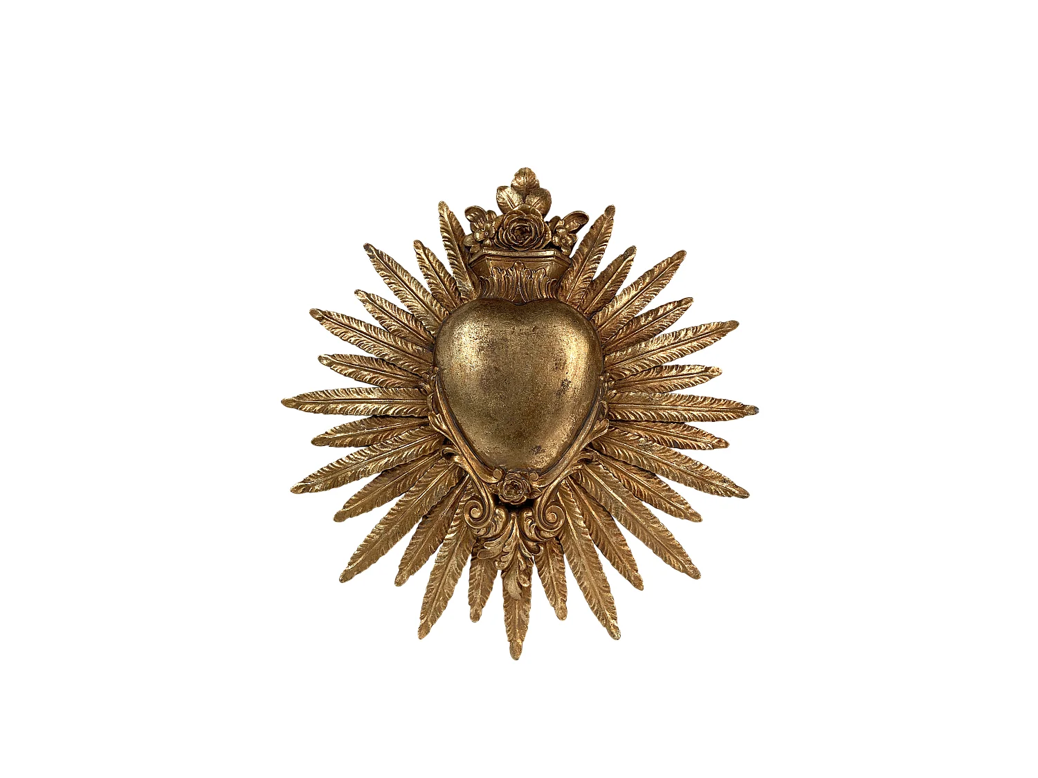 Déco murale ex-voto coeur plumes doré 24.7x25.3cm