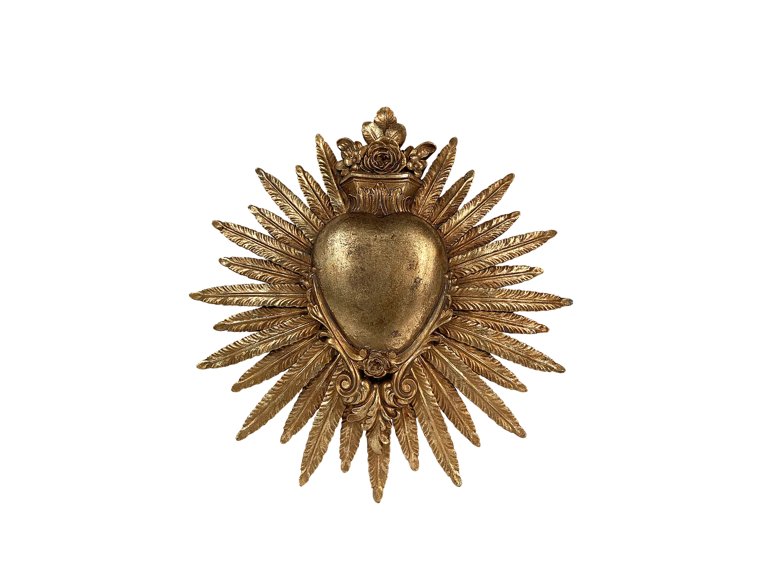 Déco murale ex-voto coeur plumes doré 24.7x25.3cm