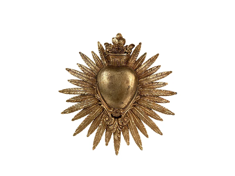 Déco murale ex-voto coeur plumes doré 24.7x25.3cm