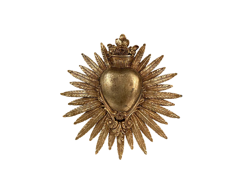 Déco murale ex-voto coeur plumes doré 24.7x25.3cm