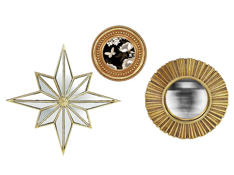 Lot étoile, miroir convexe et cadre perle doré