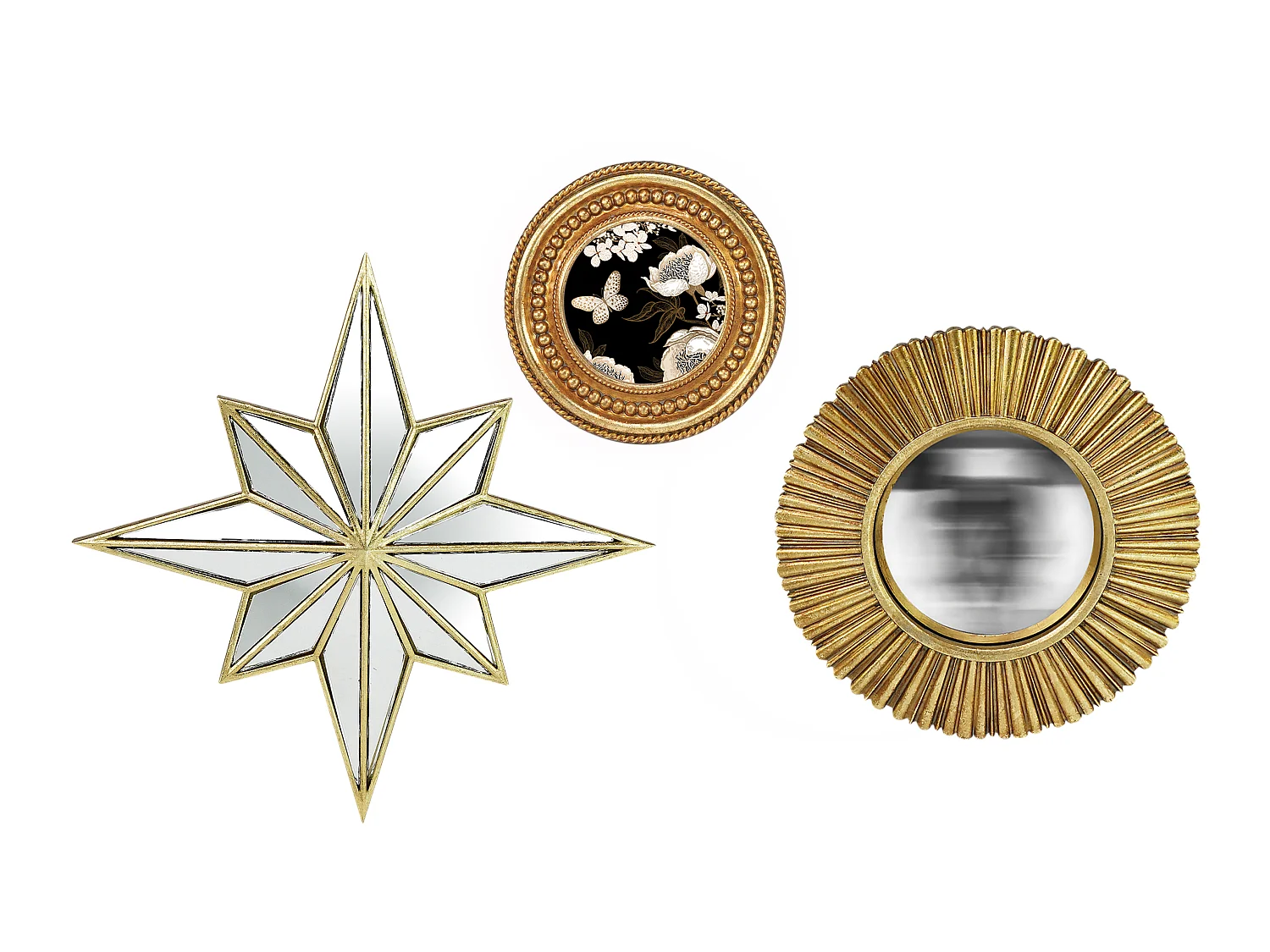 Lot étoile, miroir convexe et cadre perle doré