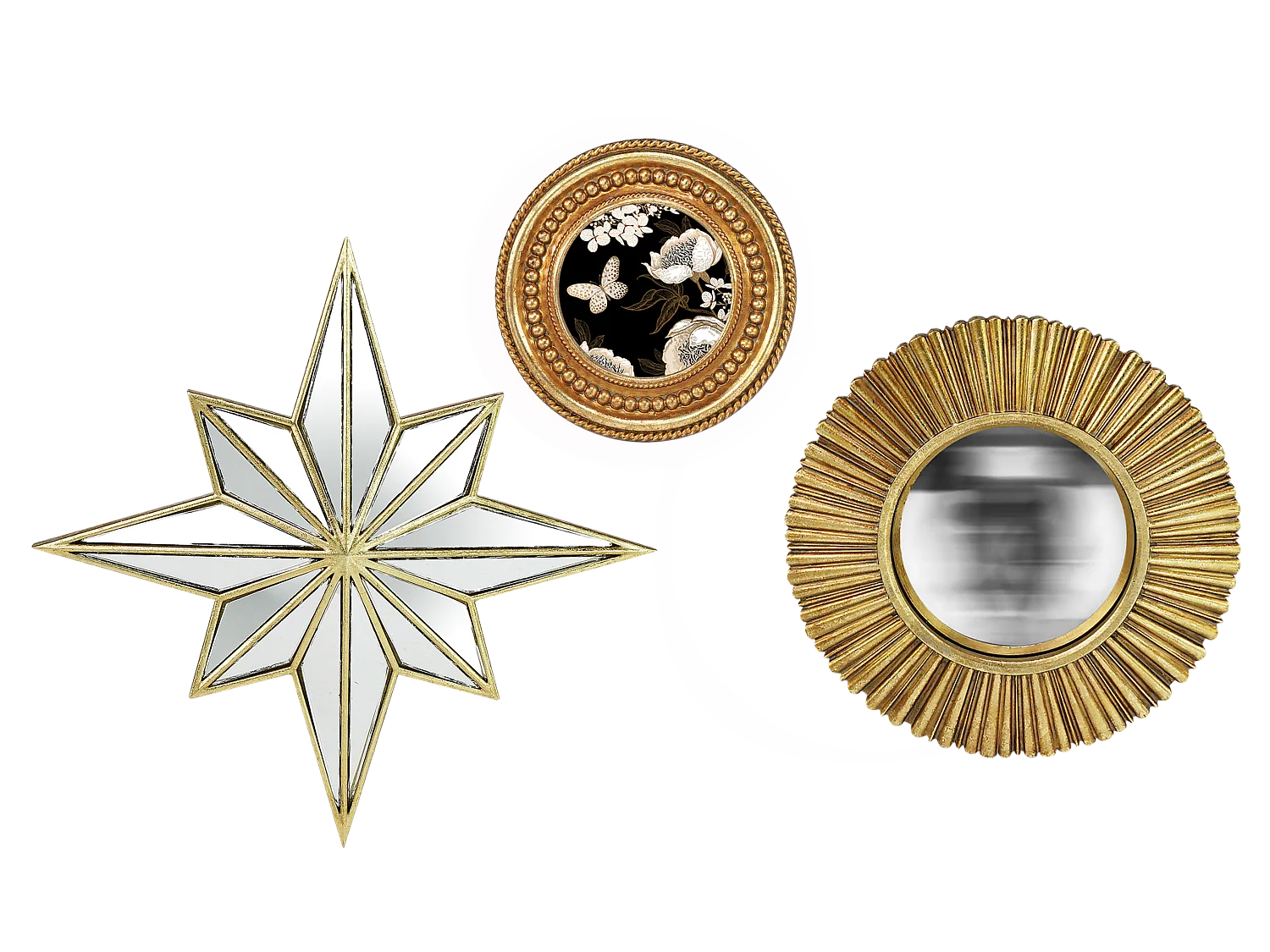 Lot étoile, miroir convexe et cadre perle doré