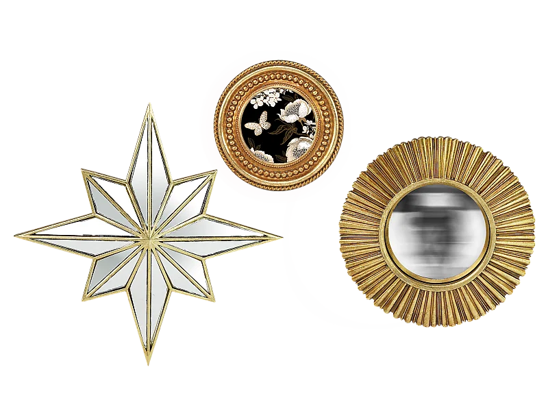Lot étoile, miroir convexe et cadre perle doré