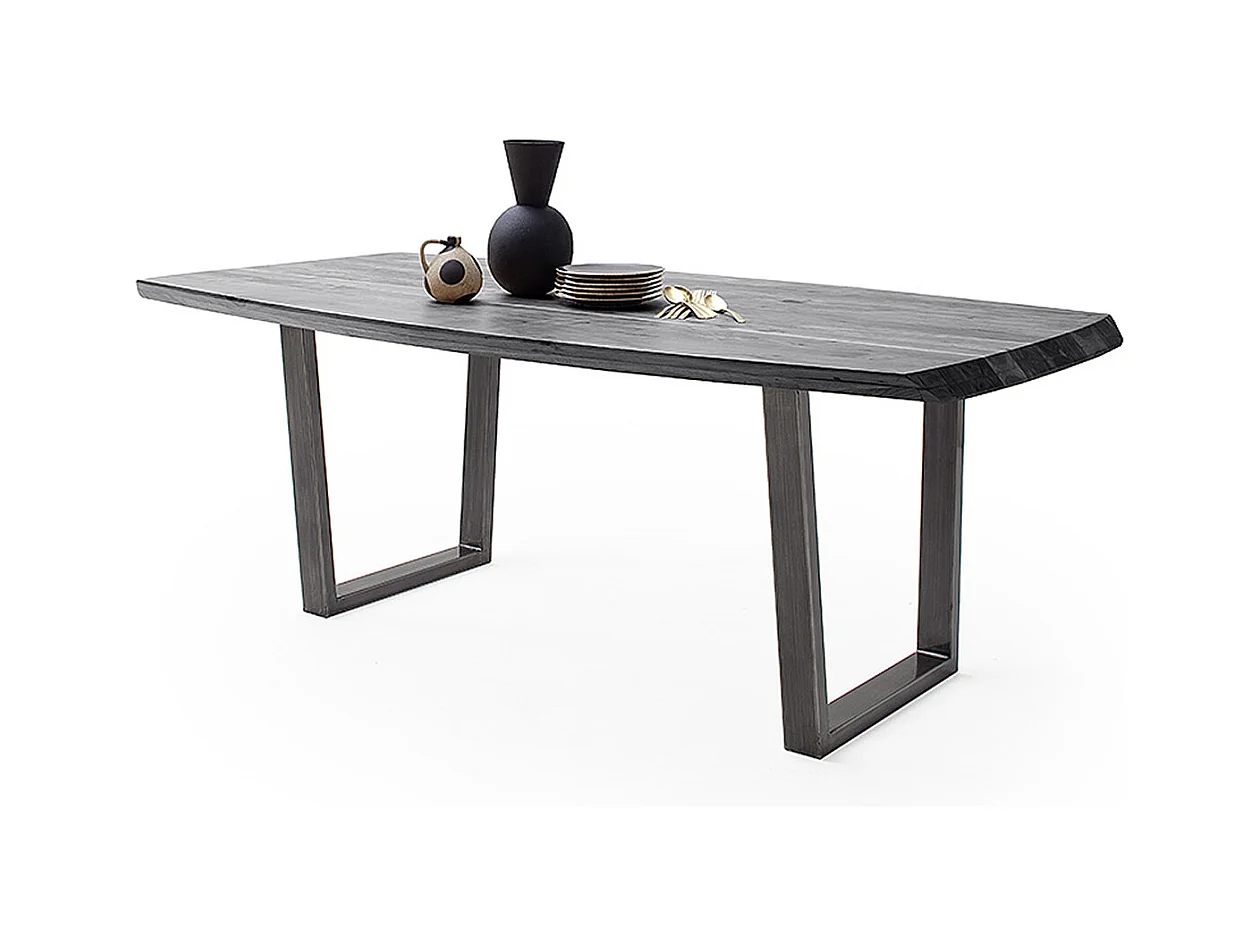 Table de salle à manger rectangulaire en bois d'acacia coloris gris, pieds en métal anthracite antique - longueur 200 x hauteur 77 x profondeur 100 cm