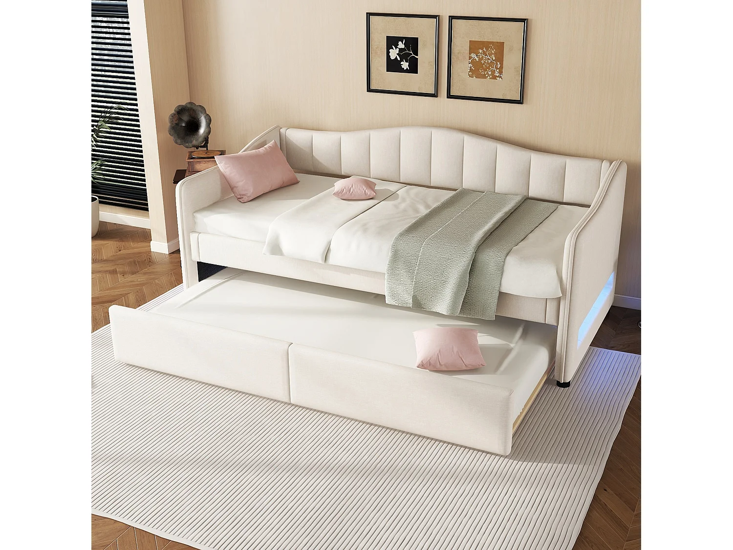 Cama nido 90x200 cm - Sofá cama con iluminación LED - somier de láminas de madera - lino beige