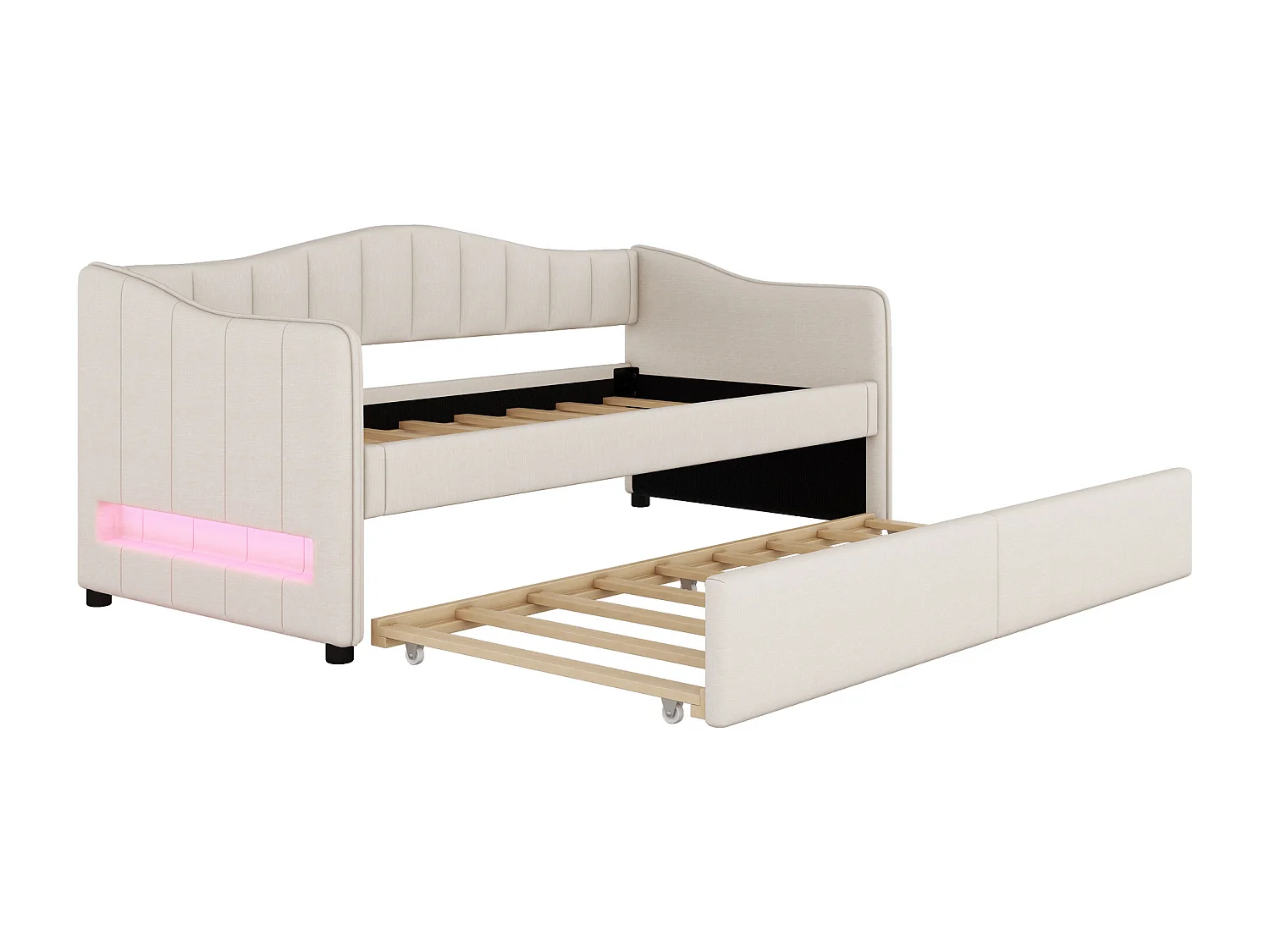 Cama nido 90x200 cm - Sofá cama con iluminación LED - somier de láminas de madera - lino beige