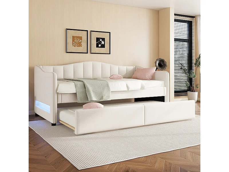 Cama nido 90x200 cm - Sofá cama con iluminación LED - somier de láminas de madera - lino beige