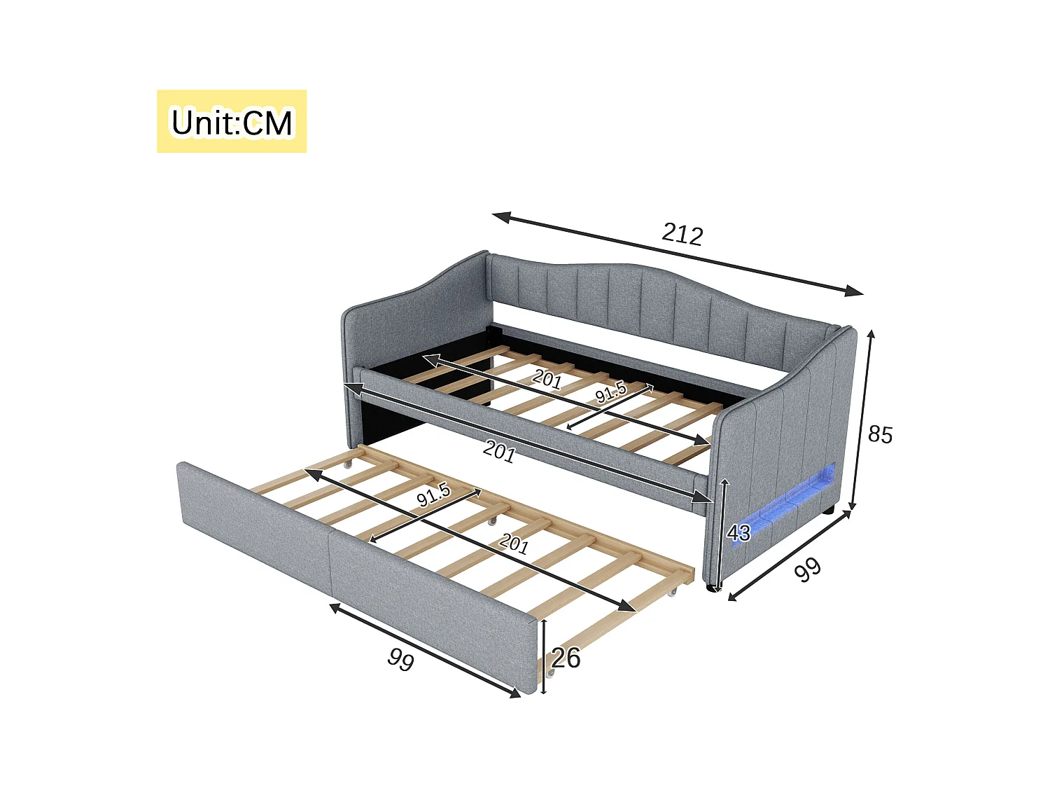 Lit gigogne 90x200 cm - Canapé-lit avec éclairage LED - sommier à lattes en bois - lin gris