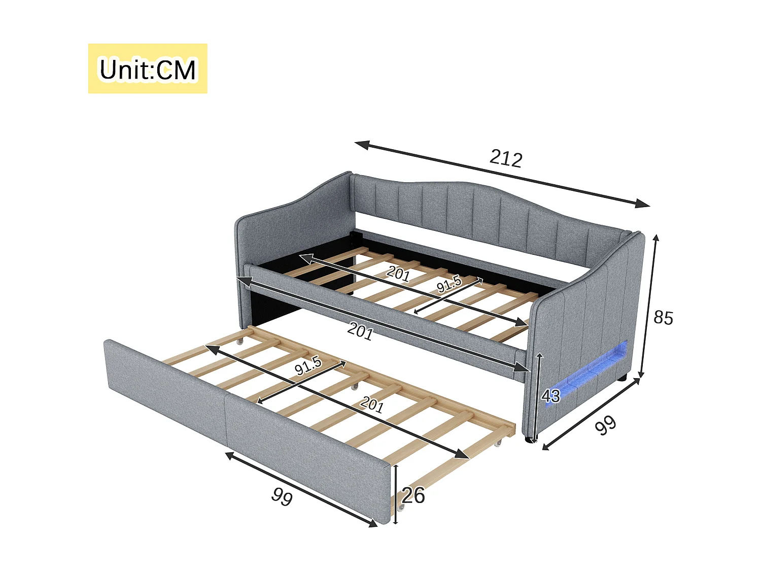 Lit gigogne 90x200 cm - Canapé-lit avec éclairage LED - sommier à lattes en bois - lin gris