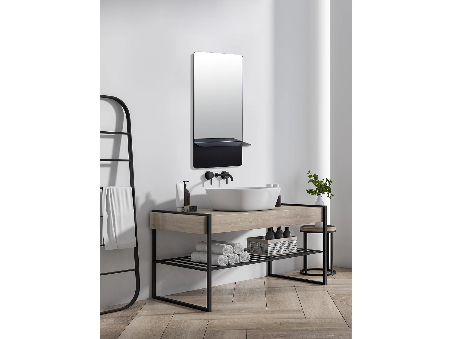 Miroir étagère métal noir 35x14x75cm