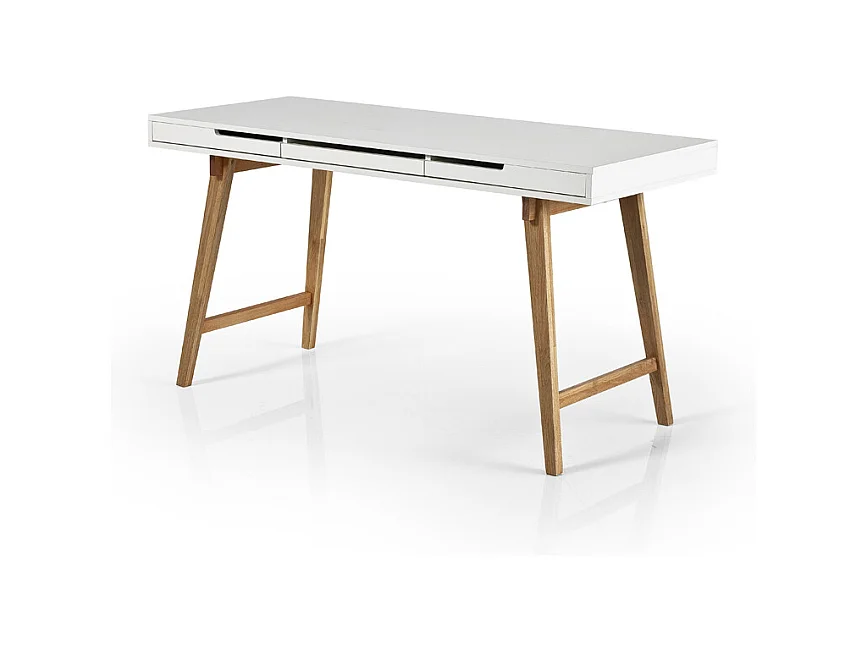 Bureau blanc mat avec piètement en bois massif - L120 x H78 x P40 cm