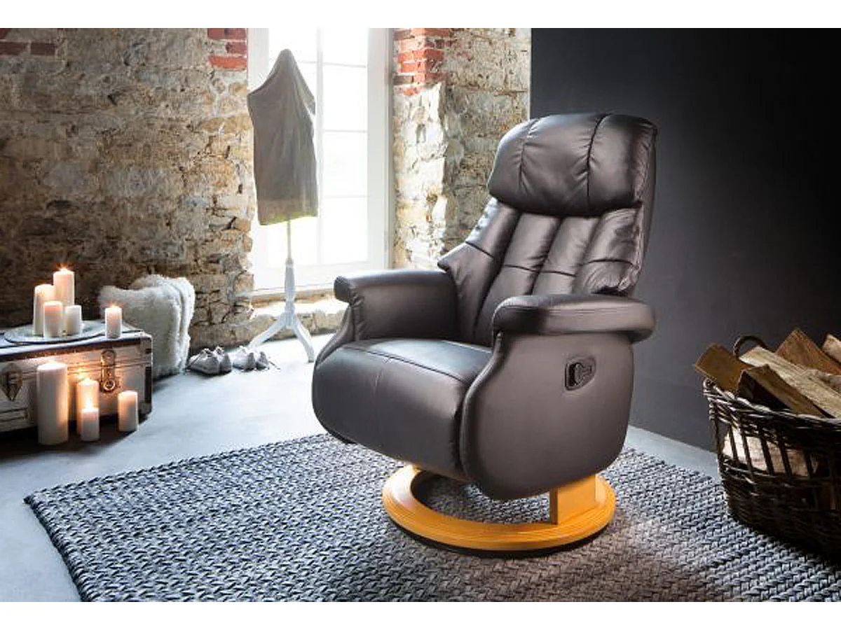 Fauteuil relax en cuir coloris noir et naturel - 77 x 111 x 86 cm