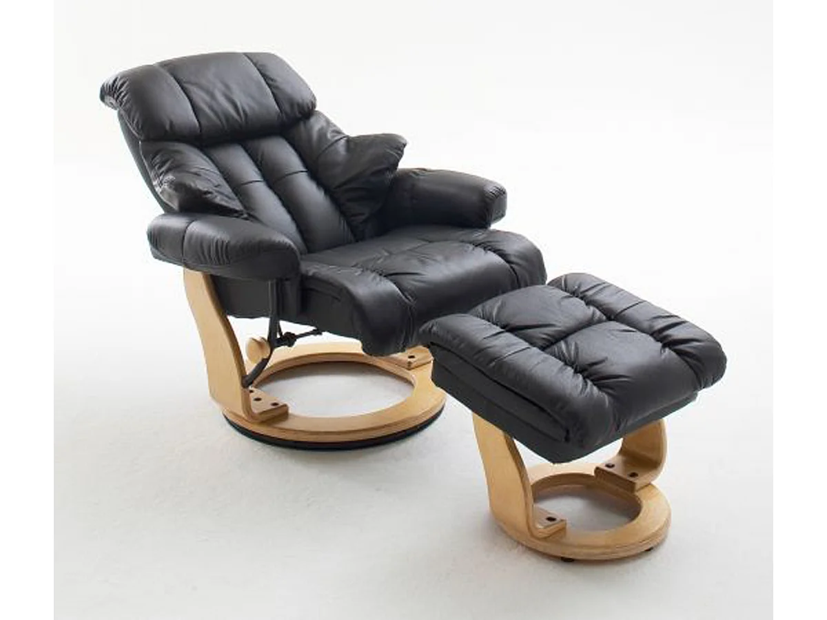 Fauteuil relax en cuir noir et naturel avec tabouret - 90 x 104 x 91 cm