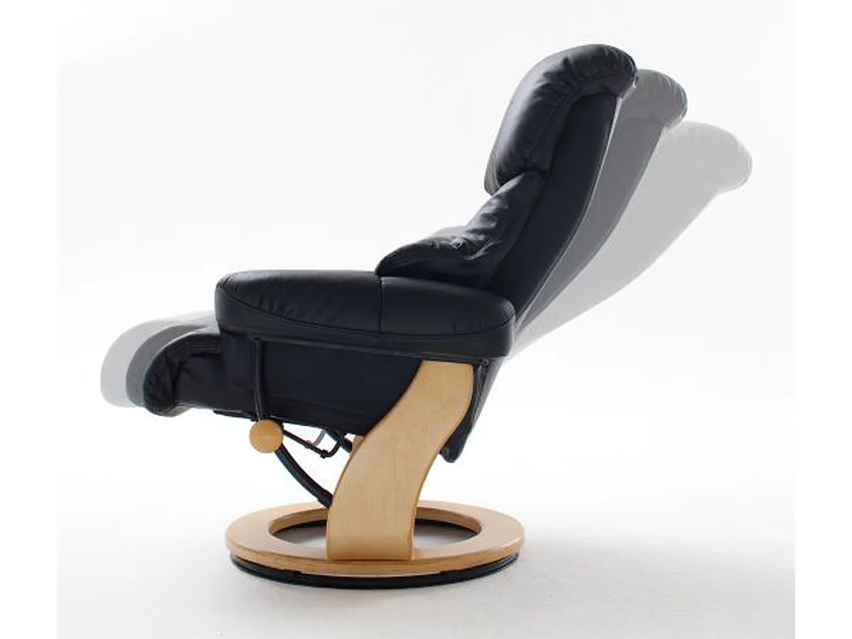 Fauteuil relax en cuir noir et naturel avec tabouret - 90 x 104 x 91 cm