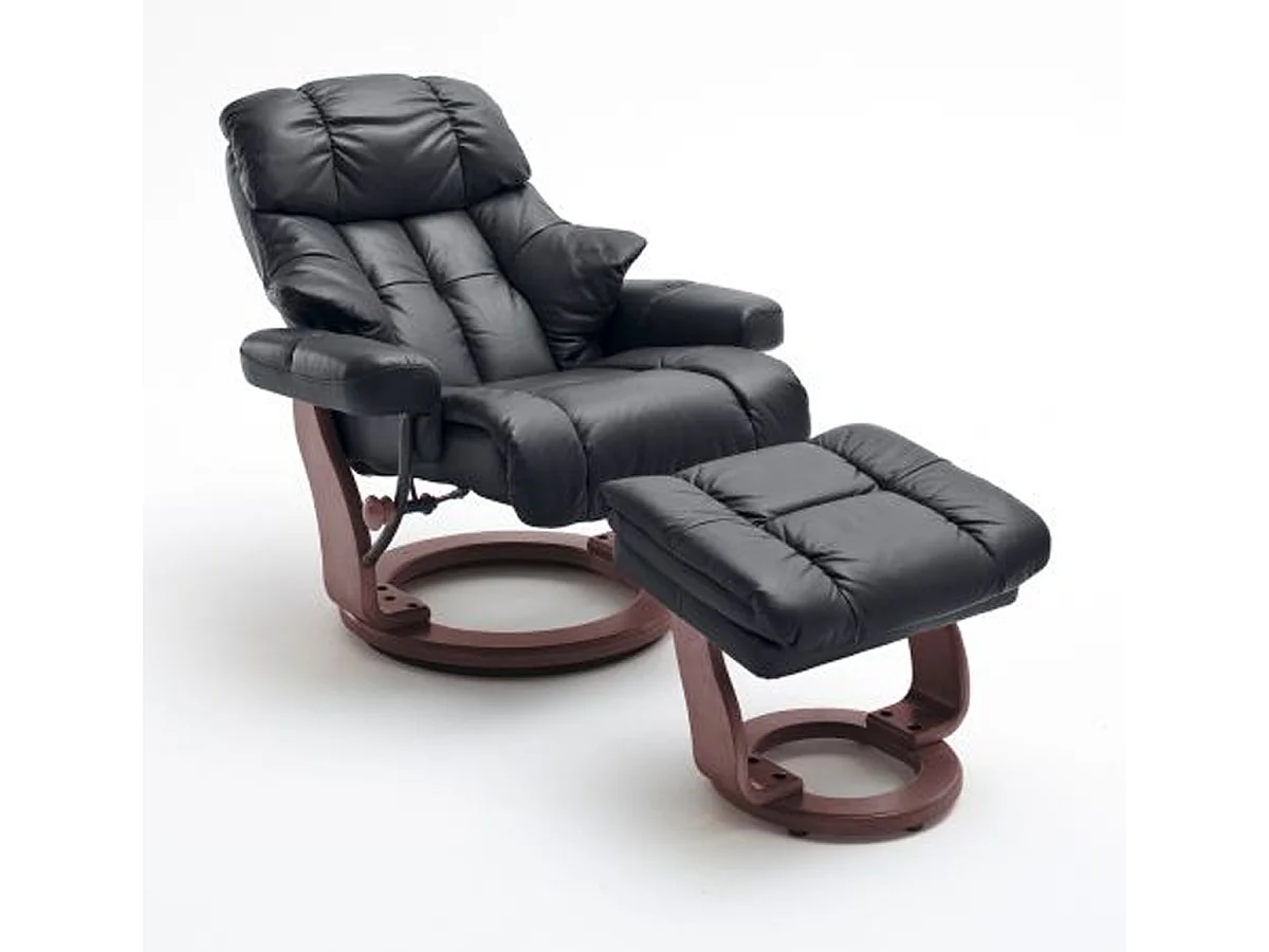 Fauteuil relax en cuir coloris noir / noyer - 97 x 110 x 92 cm