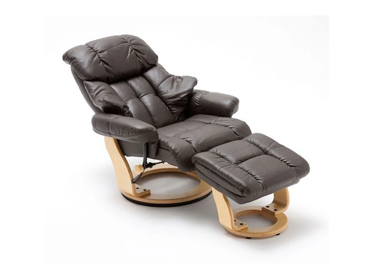 Fauteuil relax en cuir marron et naturel avec tabouret - 90 x 104 x 91 cm