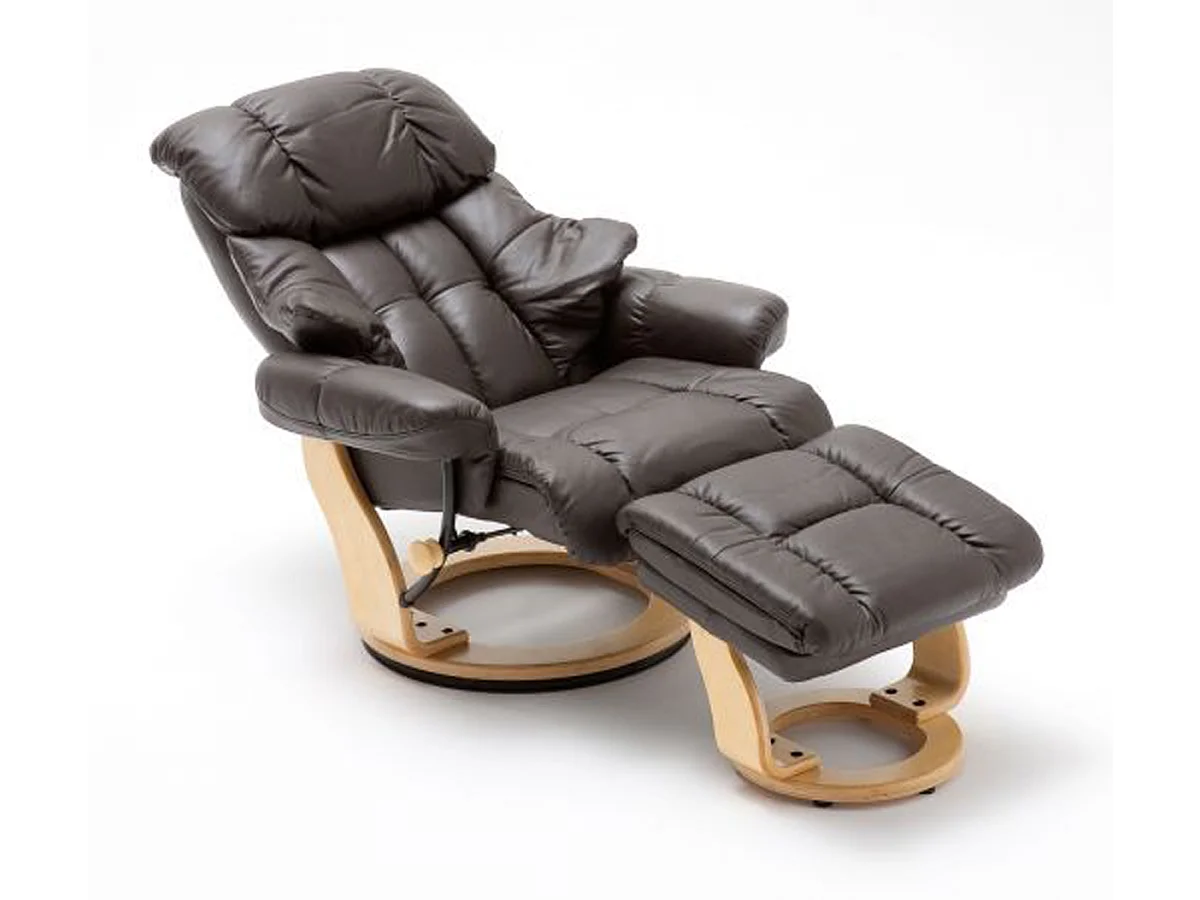 Fauteuil relax en cuir marron et naturel avec tabouret - 90 x 104 x 91 cm