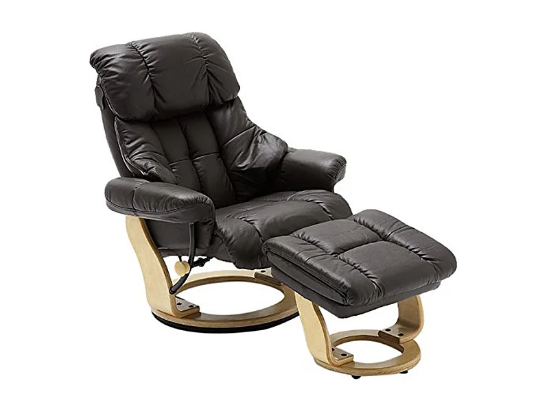 Fauteuil relax en cuir marron et naturel avec tabouret - 90 x 104 x 91 cm